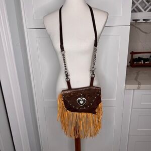 Hip Bag Company Leather Fringe Crossbody Purse studded paisley